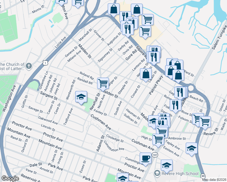 map of restaurants, bars, coffee shops, grocery stores, and more near 27 Charger Street in Revere