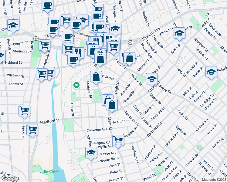 map of restaurants, bars, coffee shops, grocery stores, and more near 30 Barrett Street in Malden