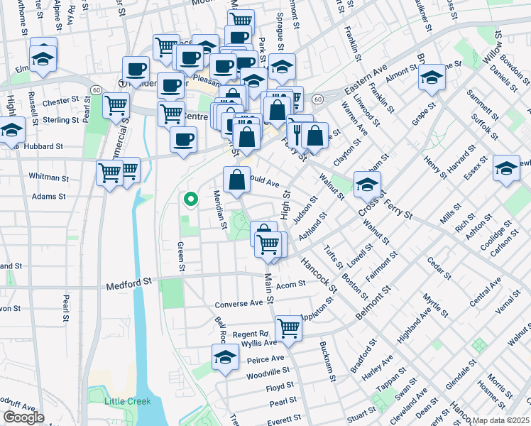 map of restaurants, bars, coffee shops, grocery stores, and more near 30 Barrett Street in Malden