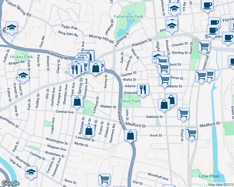 map of restaurants, bars, coffee shops, grocery stores, and more near 1210 Fellsway in Malden