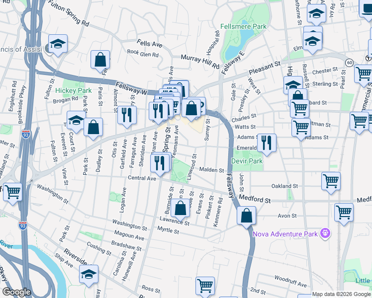 map of restaurants, bars, coffee shops, grocery stores, and more near 38 Dunbar Avenue in Medford