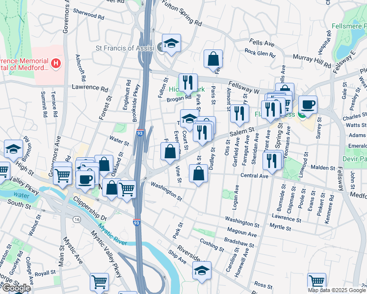 map of restaurants, bars, coffee shops, grocery stores, and more near 24 Court Street in Medford