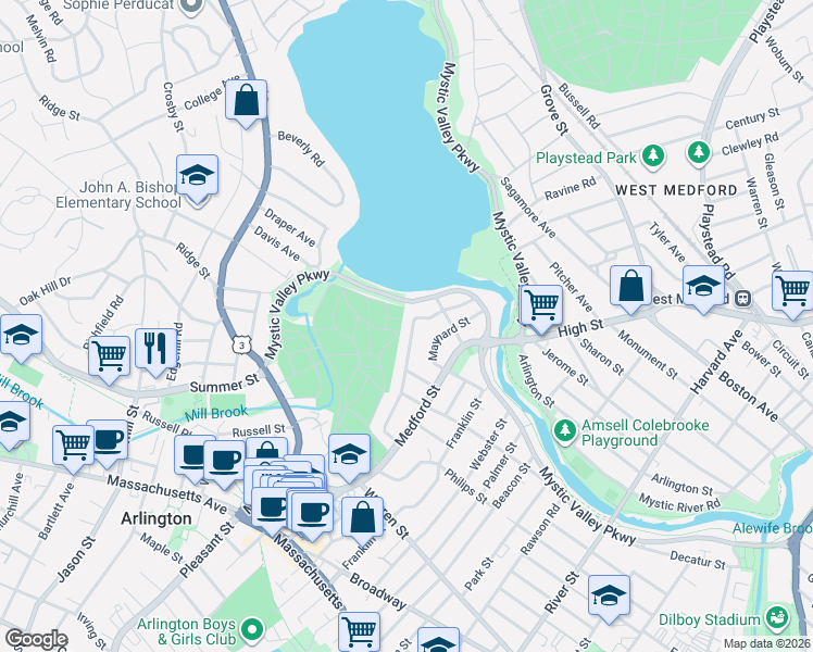 map of restaurants, bars, coffee shops, grocery stores, and more near 88 Webcowet Road in Arlington