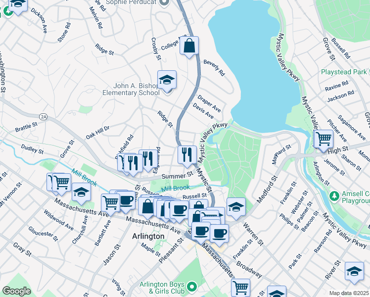 map of restaurants, bars, coffee shops, grocery stores, and more near 182 Mystic Street in Arlington