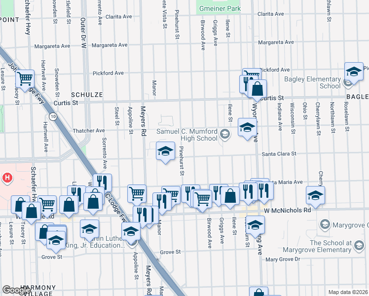 map of restaurants, bars, coffee shops, grocery stores, and more near 17577 Pinehurst Street in Detroit