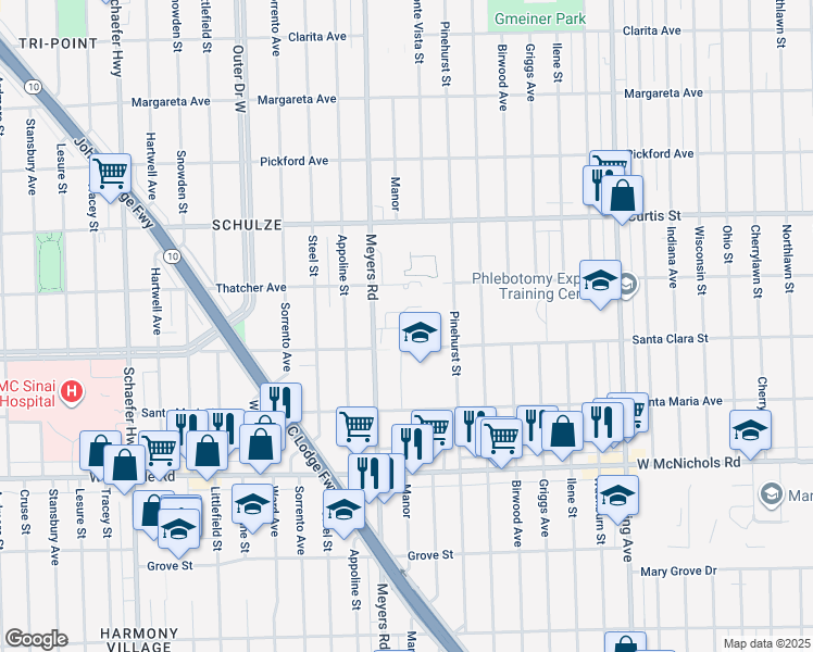 map of restaurants, bars, coffee shops, grocery stores, and more near 17500 Meyers Road in Detroit