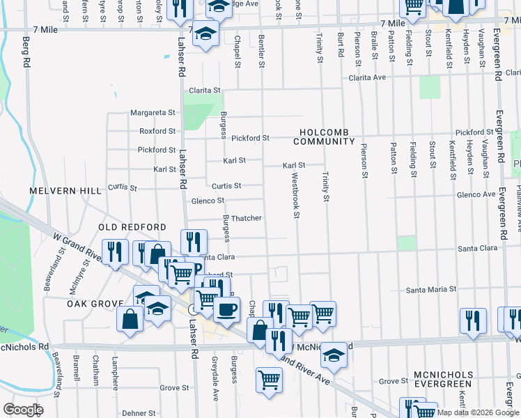 map of restaurants, bars, coffee shops, grocery stores, and more near 18043 Bentler Street in Detroit