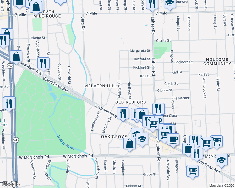 map of restaurants, bars, coffee shops, grocery stores, and more near 17920 Redfern Street in Detroit