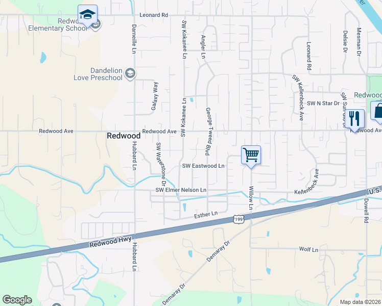 map of restaurants, bars, coffee shops, grocery stores, and more near 1512 Southwest Yucca Drive in Grants Pass