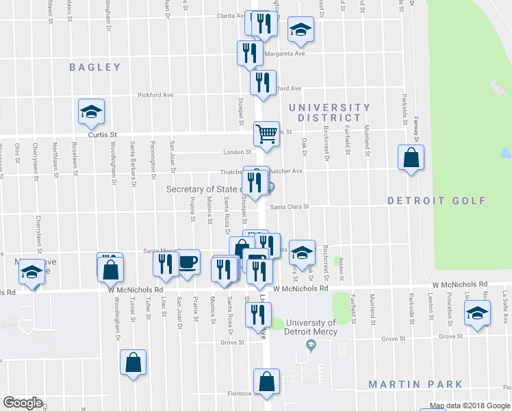map of restaurants, bars, coffee shops, grocery stores, and more near 17521 Livernois Avenue in Detroit