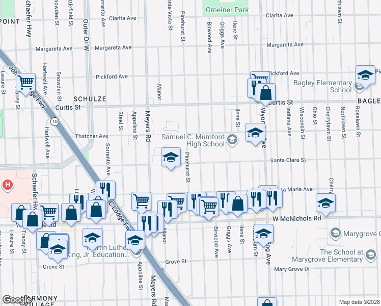 map of restaurants, bars, coffee shops, grocery stores, and more near 17577 Pinehurst Street in Detroit