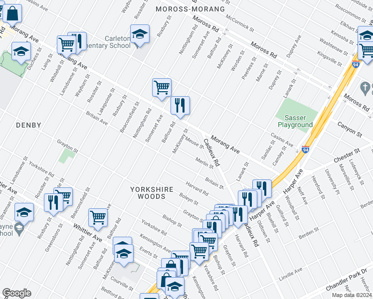 map of restaurants, bars, coffee shops, grocery stores, and more near 10498 Merlin Street in Detroit