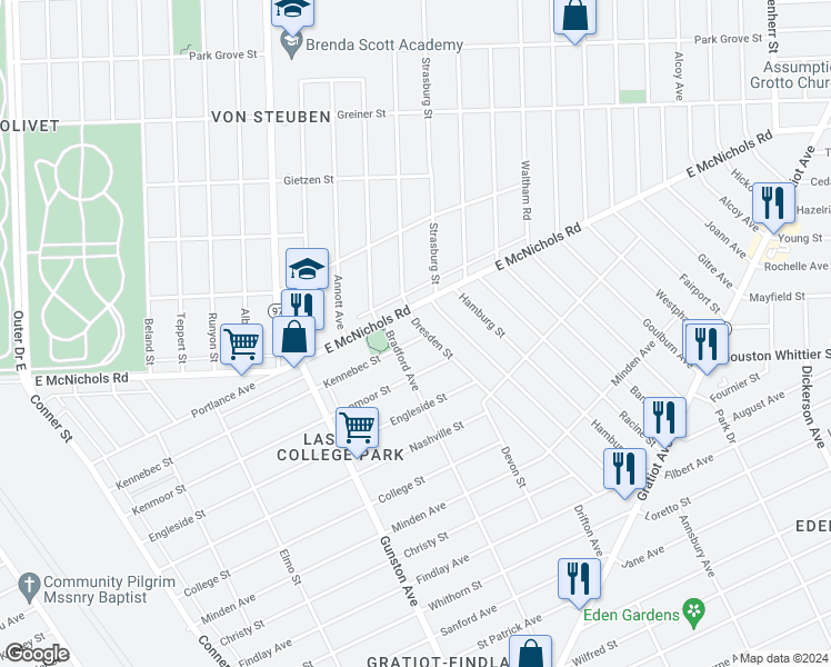 map of restaurants, bars, coffee shops, grocery stores, and more near 12037 Kennebec Street in Detroit
