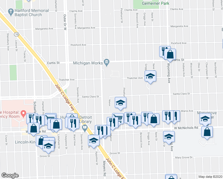 map of restaurants, bars, coffee shops, grocery stores, and more near 17500 Meyers Road in Detroit