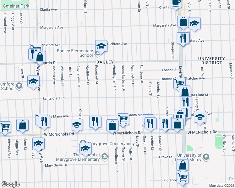 map of restaurants, bars, coffee shops, grocery stores, and more near 17545 Santa Barbara Drive in Detroit