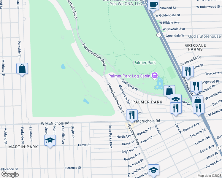 map of restaurants, bars, coffee shops, grocery stores, and more near 17421 Pontchartrain Boulevard in Detroit