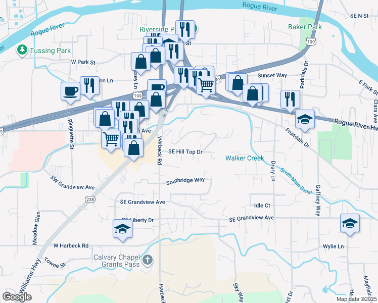 map of restaurants, bars, coffee shops, grocery stores, and more near Southeast Hill Top Drive in Grants Pass