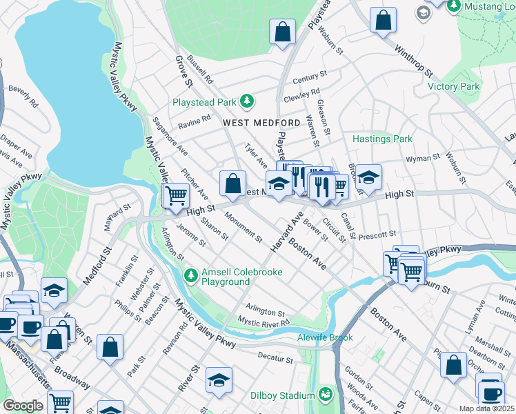 map of restaurants, bars, coffee shops, grocery stores, and more near 538 High Street in Medford