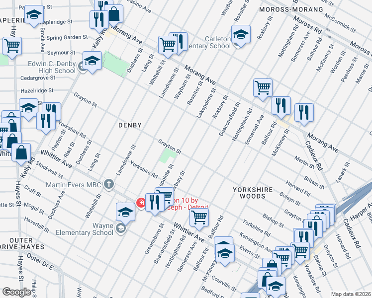 map of restaurants, bars, coffee shops, grocery stores, and more near 11260 Lakepointe Street in Detroit