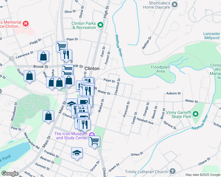 map of restaurants, bars, coffee shops, grocery stores, and more near 105 Pearl Street in Clinton