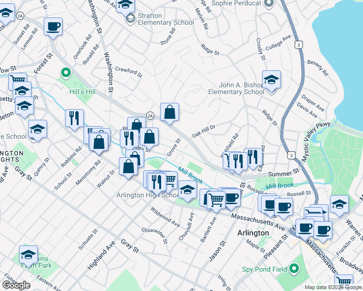 map of restaurants, bars, coffee shops, grocery stores, and more near 71 Grove Street in Arlington
