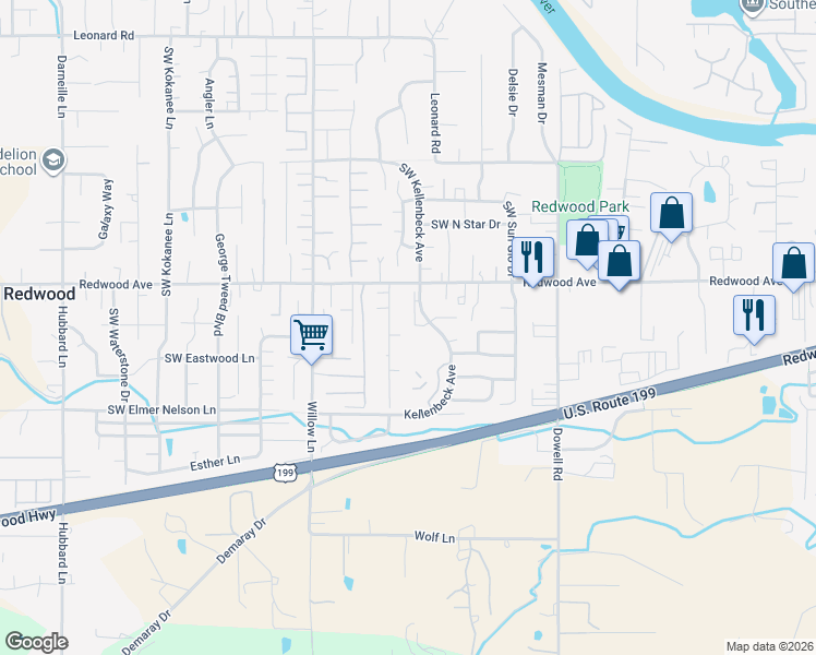 map of restaurants, bars, coffee shops, grocery stores, and more near 1646 Southwest Kellenbeck Avenue in Grants Pass