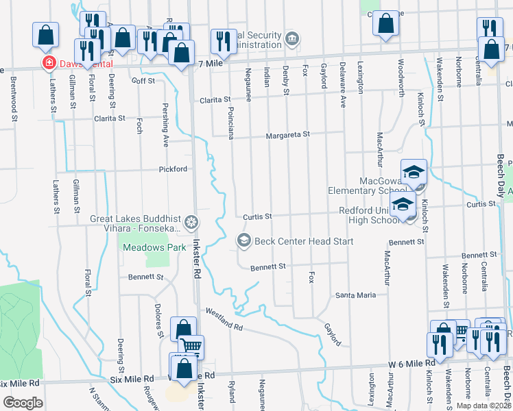 map of restaurants, bars, coffee shops, grocery stores, and more near 18267 Indian in Redford Charter Township