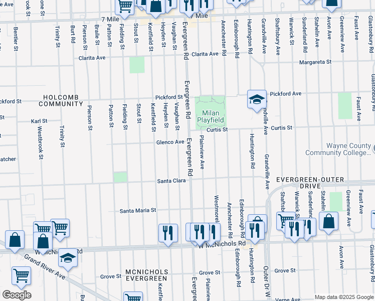 map of restaurants, bars, coffee shops, grocery stores, and more near 17656 Evergreen Road in Detroit