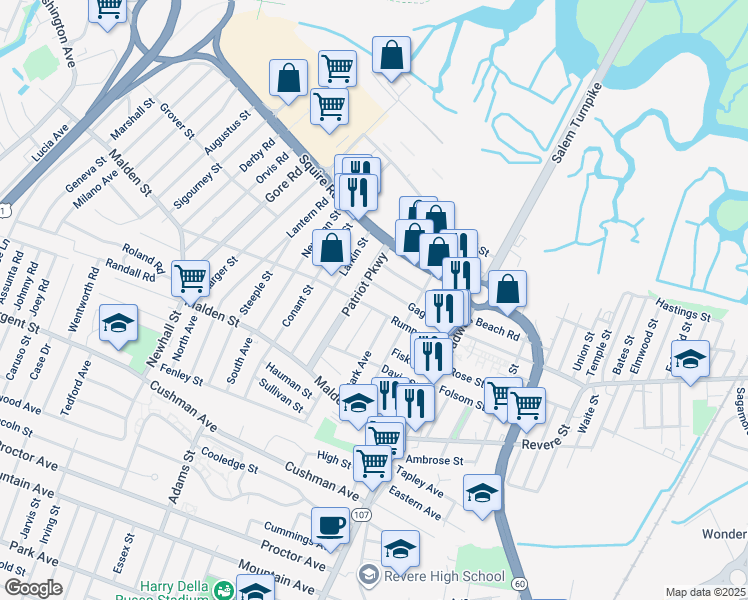 map of restaurants, bars, coffee shops, grocery stores, and more near 95 Gage Avenue in Revere