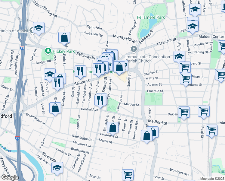 map of restaurants, bars, coffee shops, grocery stores, and more near 16 Emerald Street in Medford