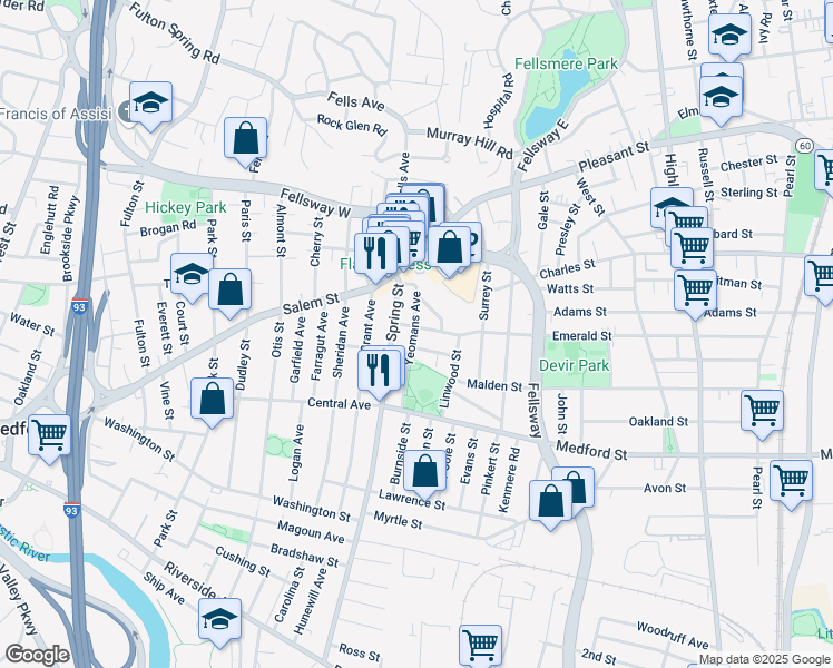 map of restaurants, bars, coffee shops, grocery stores, and more near 16 Emerald Street in Medford