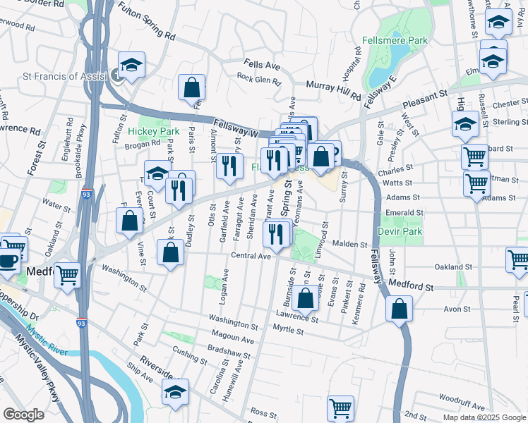 map of restaurants, bars, coffee shops, grocery stores, and more near 125 Grant Avenue in Medford
