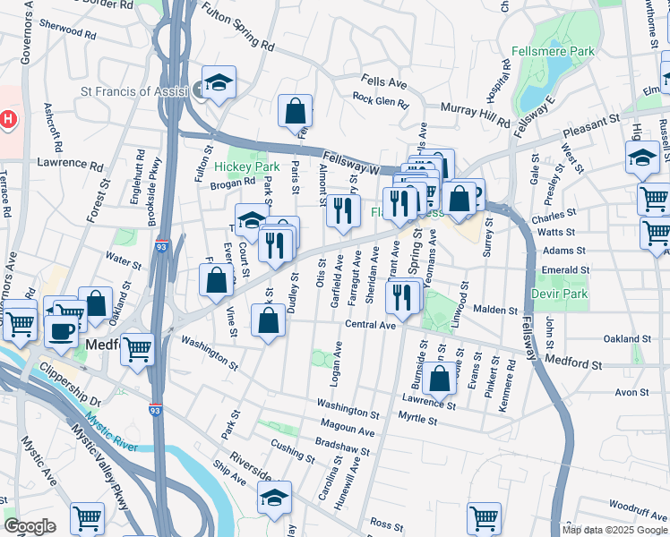 map of restaurants, bars, coffee shops, grocery stores, and more near in Medford