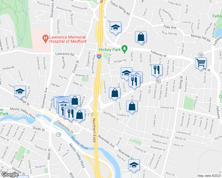map of restaurants, bars, coffee shops, grocery stores, and more near 42 Fulton Street in Medford