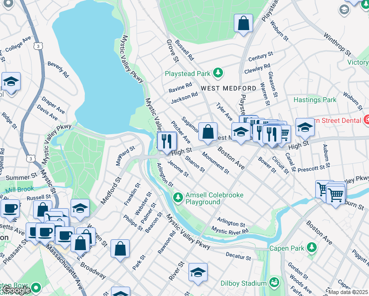 map of restaurants, bars, coffee shops, grocery stores, and more near 15 Kilgore Avenue in Medford