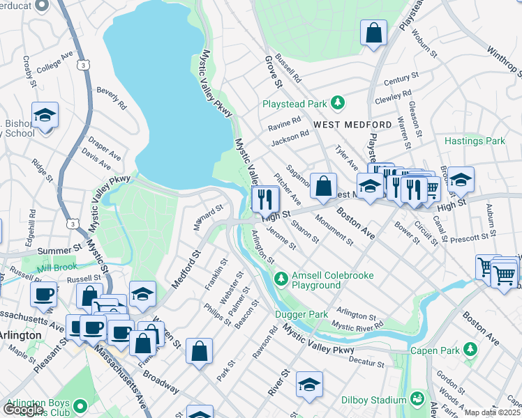 map of restaurants, bars, coffee shops, grocery stores, and more near 1516 Mystic Avenue in Medford
