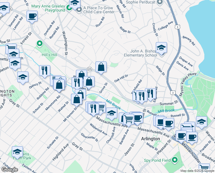 map of restaurants, bars, coffee shops, grocery stores, and more near 70 Grove Street in Arlington