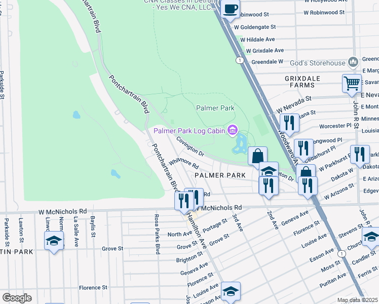 map of restaurants, bars, coffee shops, grocery stores, and more near 1001 Covington Drive in Highland Park