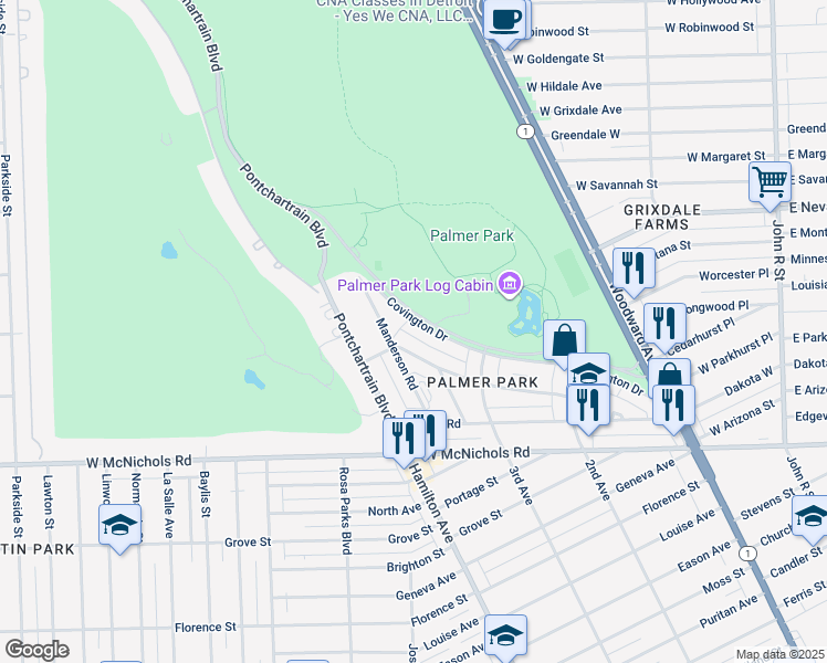 map of restaurants, bars, coffee shops, grocery stores, and more near 1001 Covington Drive in Highland Park