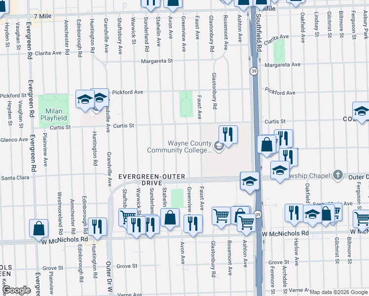map of restaurants, bars, coffee shops, grocery stores, and more near 17662 Avon Avenue in Detroit