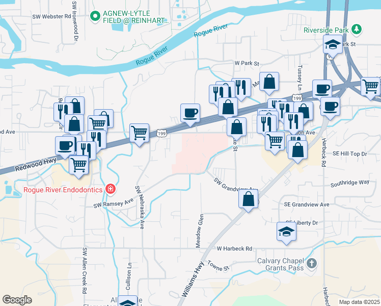 map of restaurants, bars, coffee shops, grocery stores, and more near 500 Southwest Ramsey Avenue in Grants Pass