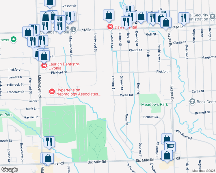 map of restaurants, bars, coffee shops, grocery stores, and more near 18263 Lathers Street in Livonia