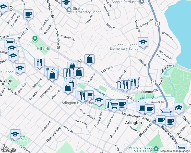 map of restaurants, bars, coffee shops, grocery stores, and more near 70 Grove Street in Arlington