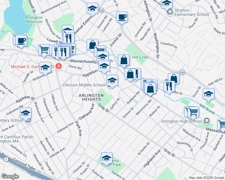 map of restaurants, bars, coffee shops, grocery stores, and more near 36 Appleton Place in Arlington