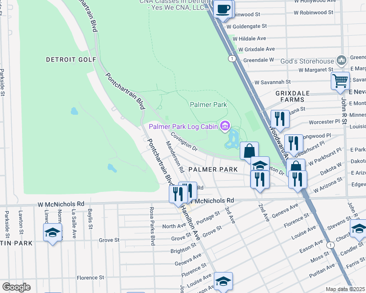 map of restaurants, bars, coffee shops, grocery stores, and more near 1001 Covington Drive in Highland Park