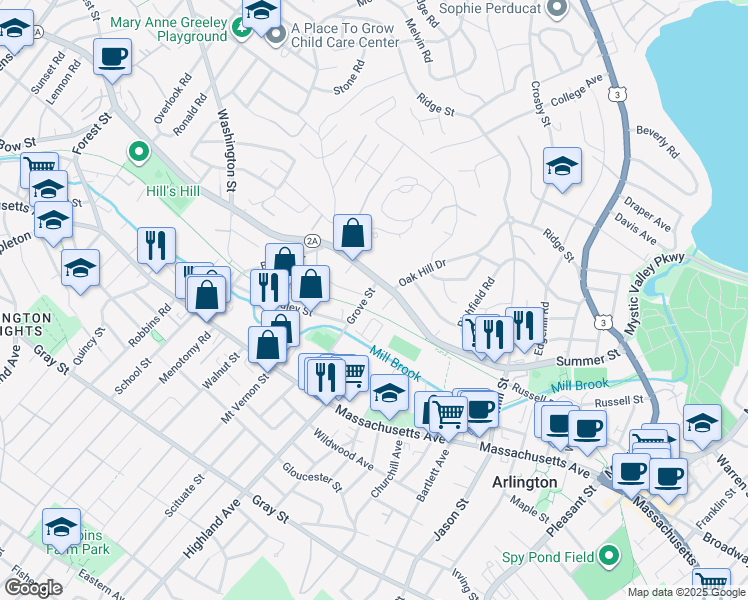 map of restaurants, bars, coffee shops, grocery stores, and more near 69 Grove Street in Arlington