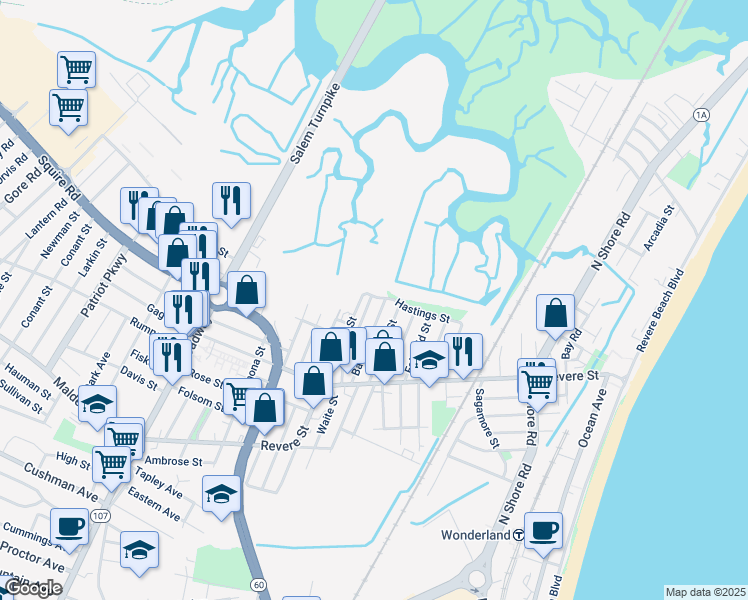 map of restaurants, bars, coffee shops, grocery stores, and more near 105 Douglas Street in Revere