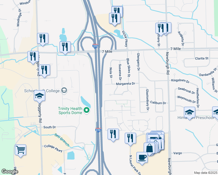 map of restaurants, bars, coffee shops, grocery stores, and more near 37912 Margareta Drive in Livonia