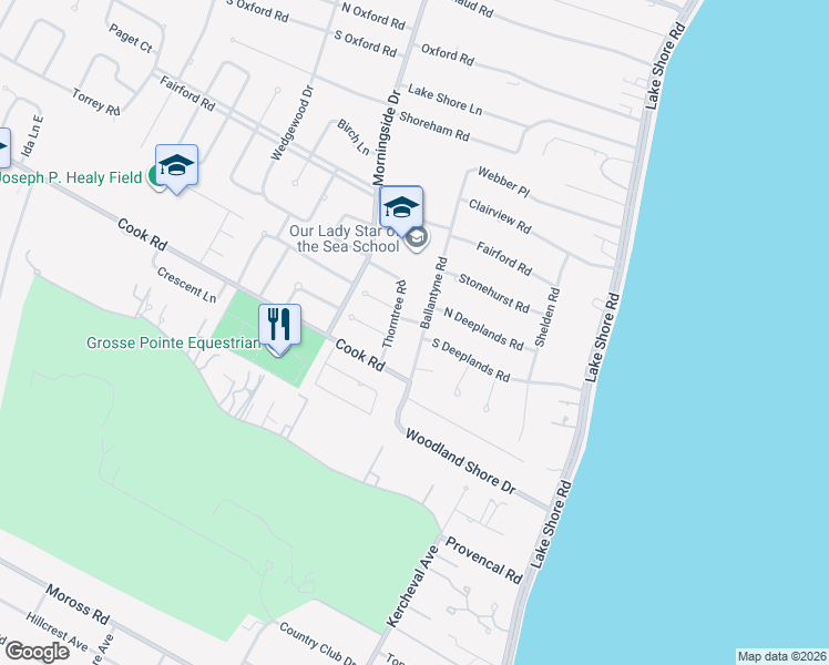 map of restaurants, bars, coffee shops, grocery stores, and more near 92 Deeplands Road in Grosse Pointe Woods