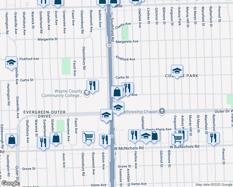 map of restaurants, bars, coffee shops, grocery stores, and more near 18001 Fenmore Street in Detroit